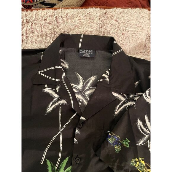 Hawaiian Style Mens L Shirt Palm Tree & Motorcycle Pacific & Co Black - Picture 10 of 16